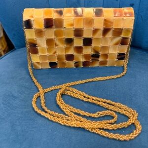Vintage Mosaic Shell Clutch Crossbody with Gold Braided Strap